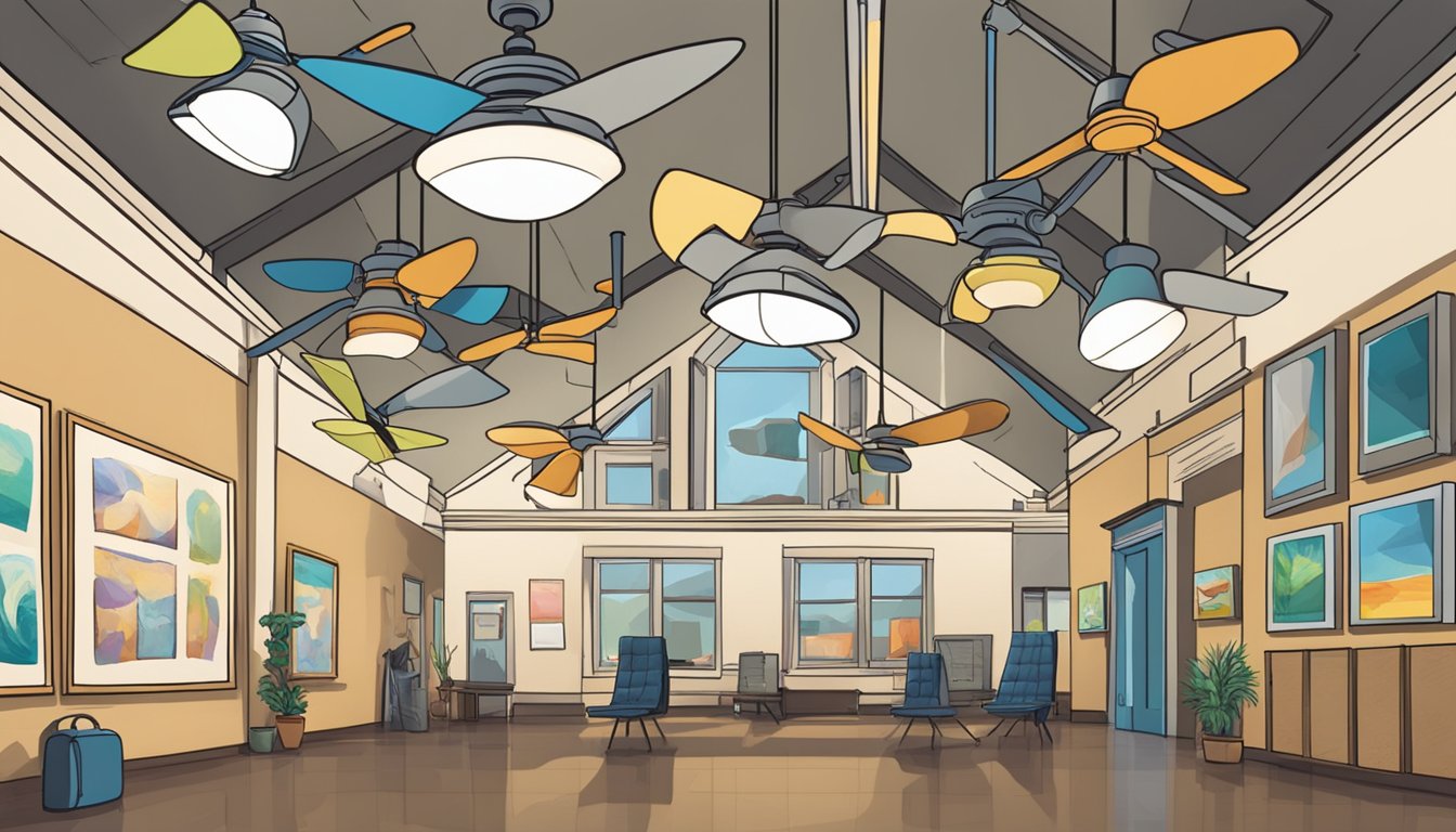 A room with various ceiling fans hanging from the ceiling, surrounded by a sign that reads "Frequently Asked Questions about art"