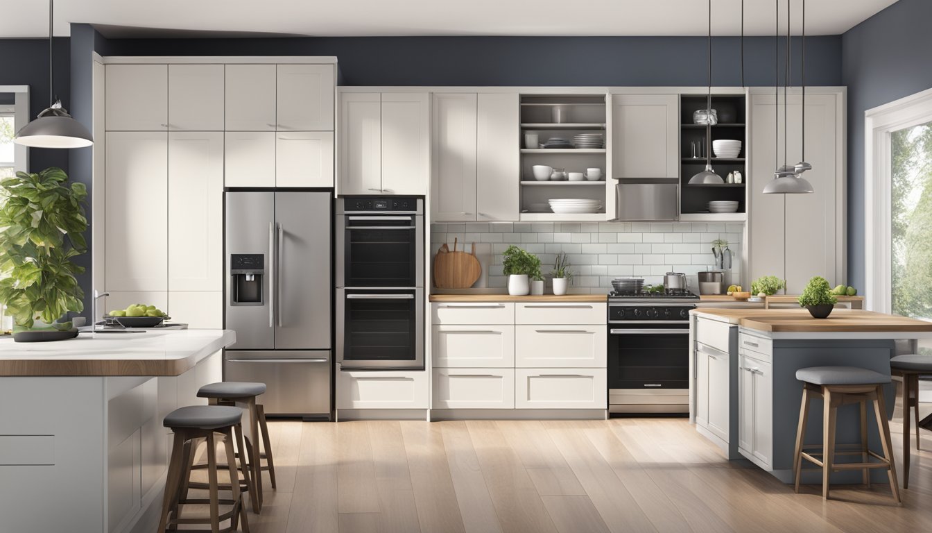 A modern kitchen with sleek cabinet designs, organized storage, and integrated appliances