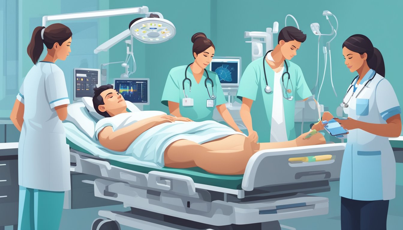 A patient lies in a hospital bed surrounded by medical equipment, with a team of nurses and doctors monitoring their vital signs and administering medication
