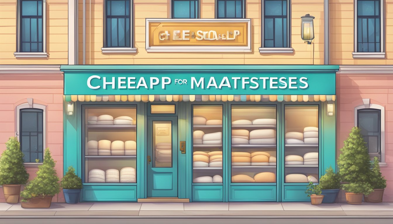 A mattress store with rows of affordable mattresses on display, a bright sign advertising "cheap mattress for sale" in the window