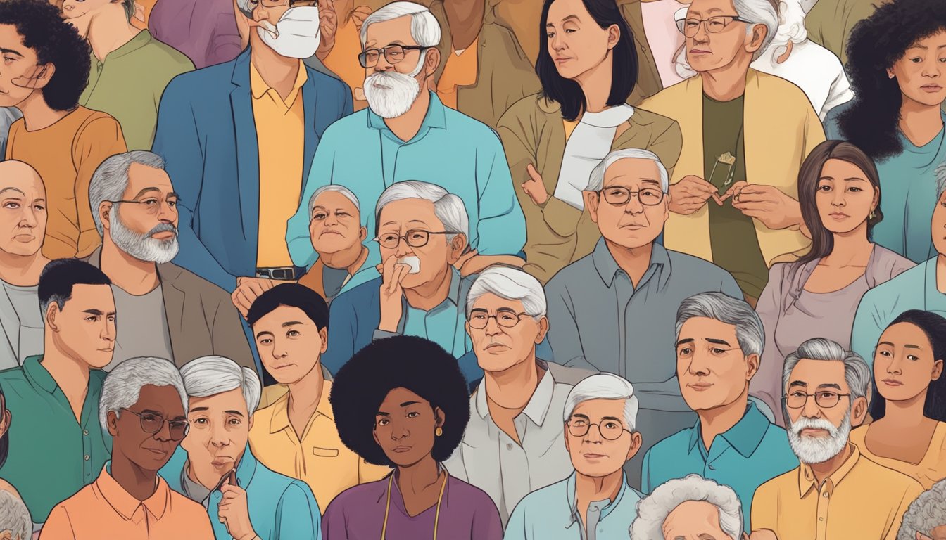 Various people of different ages and backgrounds, representing diverse populations, are shown smoking and experiencing the effects of heart disease