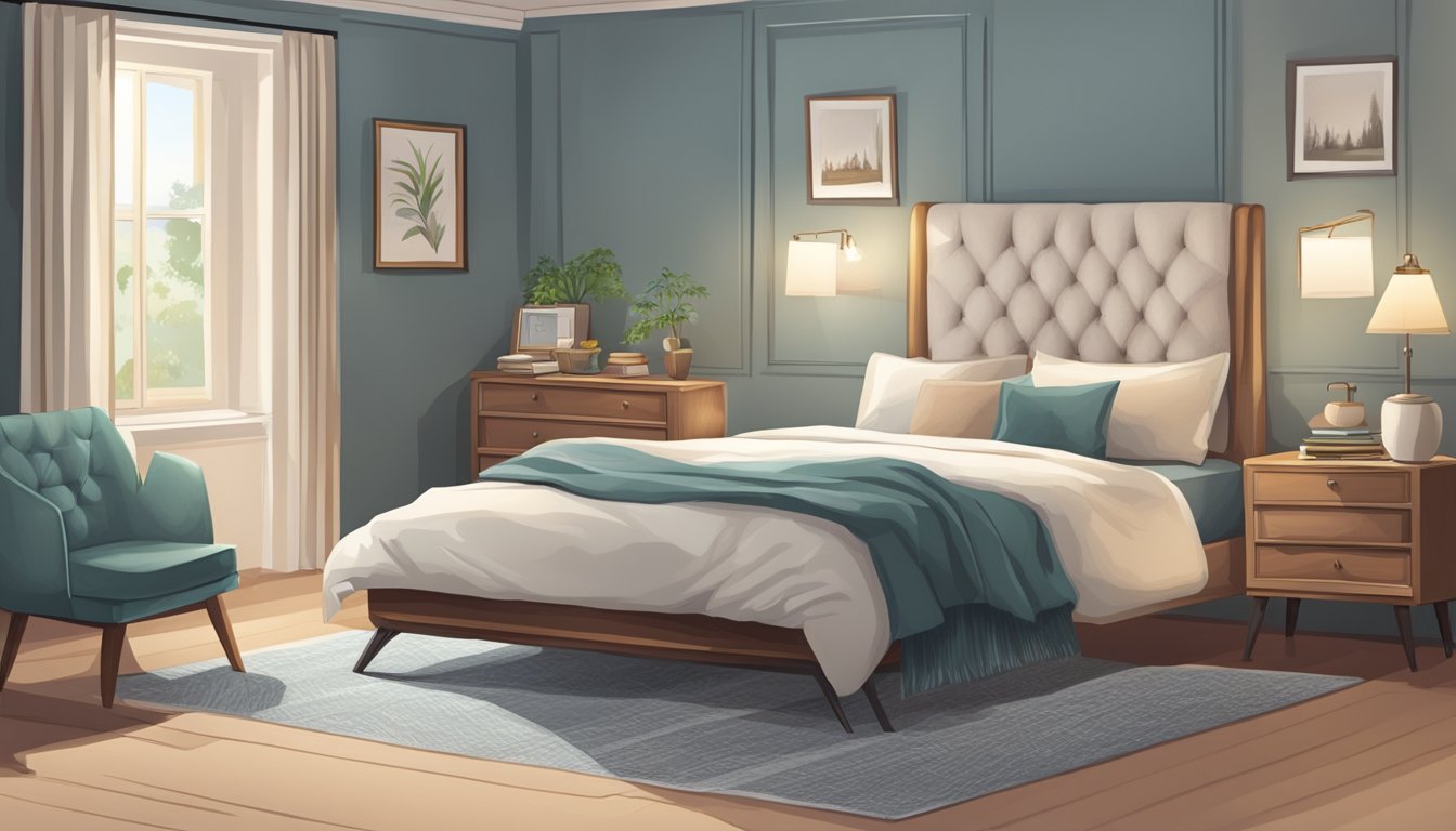 A cozy bedroom with a large bed, a nightstand with a lamp, a dresser with a mirror, and a comfortable armchair in the corner