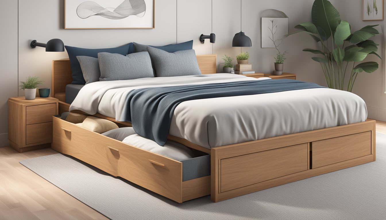 A platform bed with under-bed storage drawers, neatly arranged with pillows and a folded blanket on top