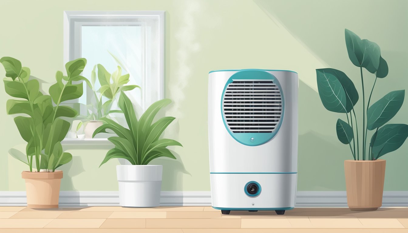 A room dehumidifier hums softly in the corner, surrounded by potted plants and a damp towel. The air feels fresh and dry