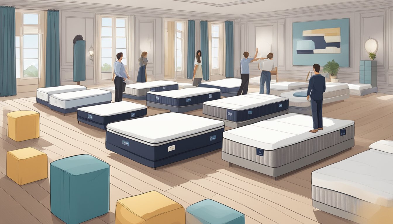 A person choosing a king-size mattress in a spacious room with various options displayed, including different firmness levels and materials