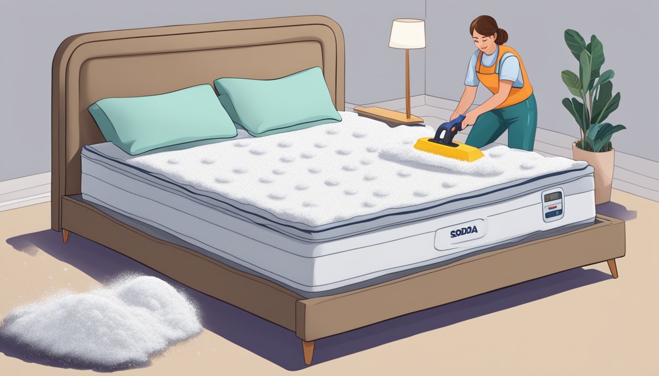 A person sprinkles baking soda on a mattress, then vacuums it off to remove the smell