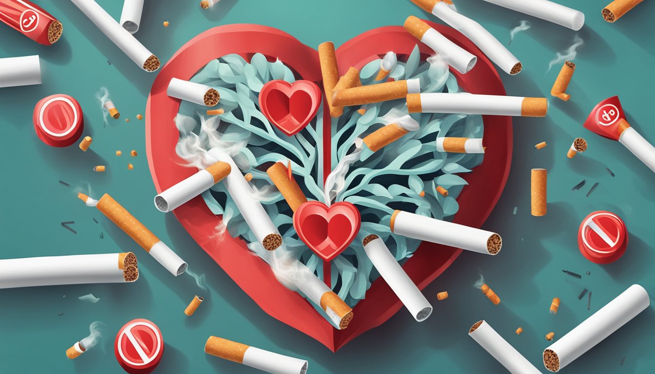 A vibrant heart surrounded by a red "no smoking" sign, with a broken cigarette lying nearby
