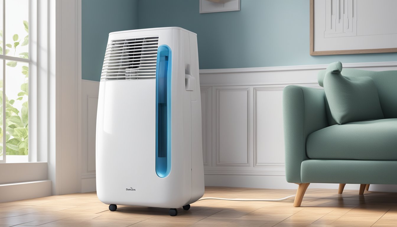 A dehumidifier sits in a bright, spacious room, surrounded by various FAQs about its use and maintenance. The device hums softly as it works to remove moisture from the air