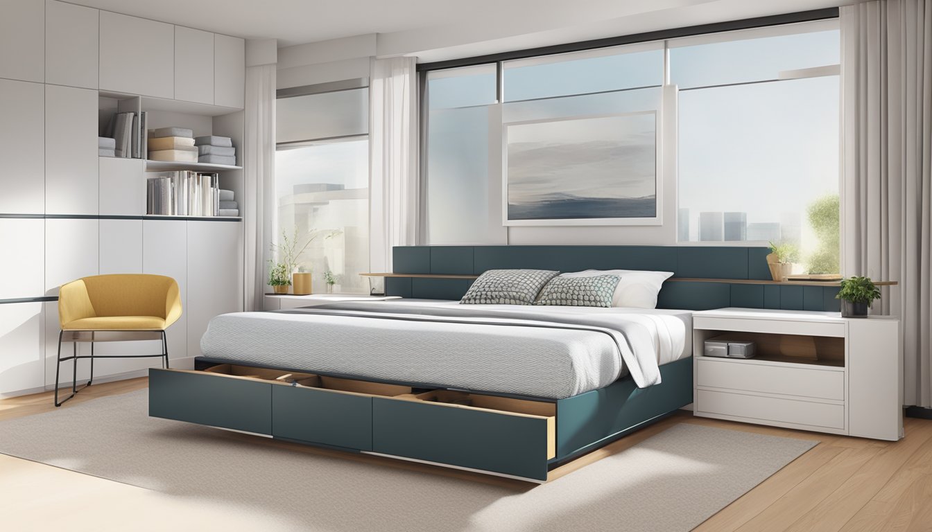 A sleek, modern platform bed with built-in storage compartments. Clean lines and minimalist design
