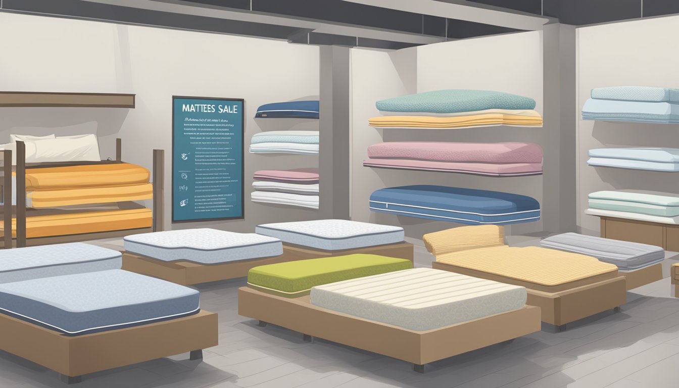 A mattress sale sign hangs above a display of various mattresses, each with a different level of firmness and comfort. Customers browse and test out the different options, searching for the perfect fit