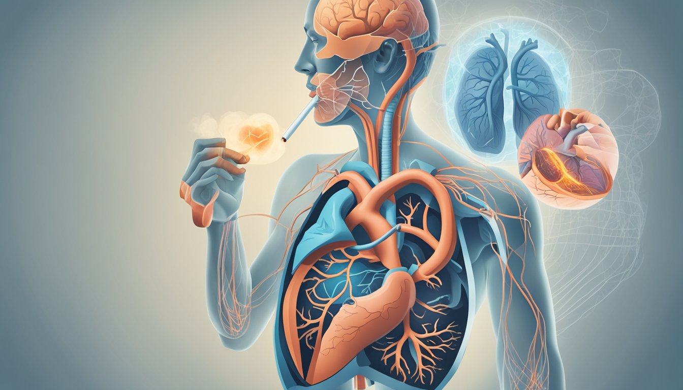 A person smoking, with a heart symbol in the background, surrounded by images of lungs and arteries to depict the broader health impact of smoking on heart disease