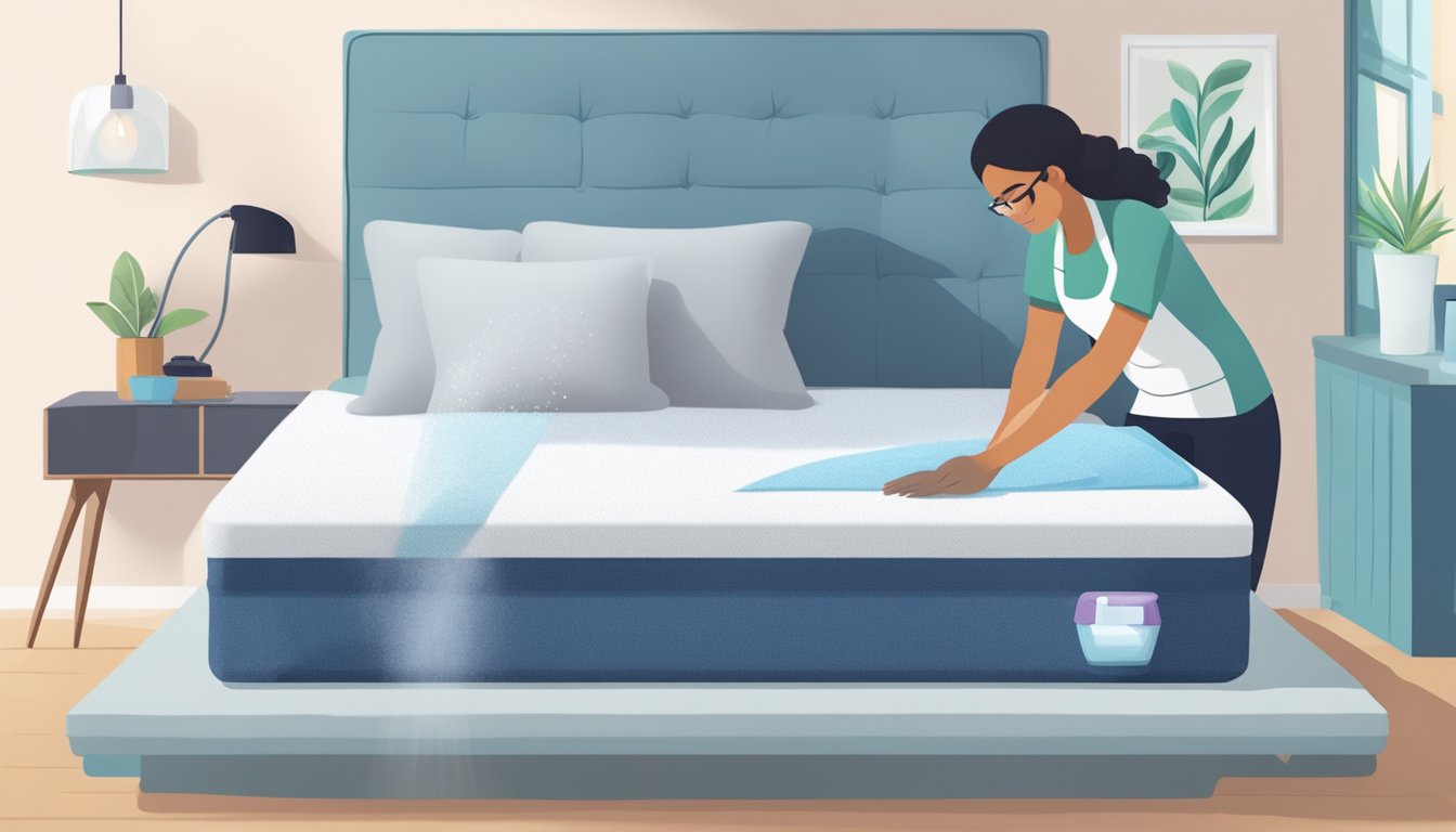 A person spraying a mixture of baking soda and essential oils onto a mattress, then using a vacuum to remove the solution, leaving the mattress smelling fresh and clean