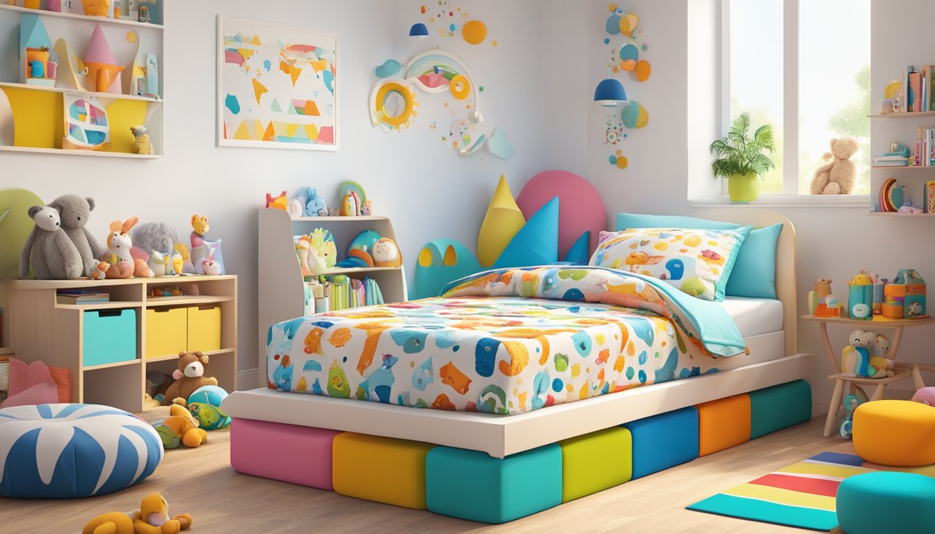 A colorful kids mattress with fun patterns and designs, surrounded by toys and stuffed animals, in a bright and cheerful bedroom setting