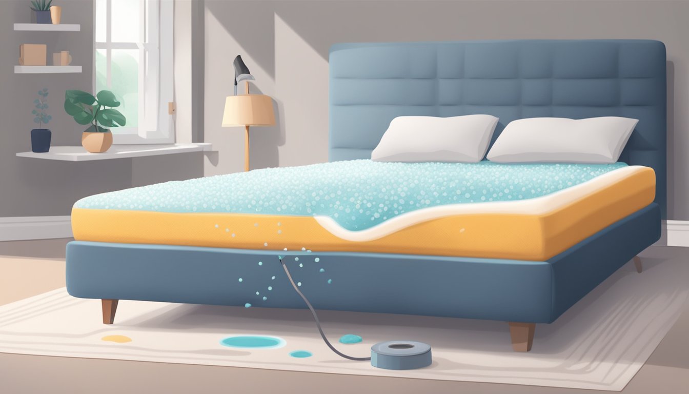 A hand sprinkles baking soda on a mattress. A vacuum cleaner removes the powder, leaving a fresh and clean surface