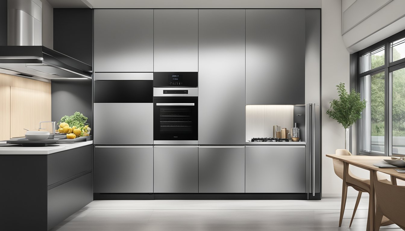 A sleek, stainless steel built-in oven in a modern Singapore kitchen, with digital controls and a glass door