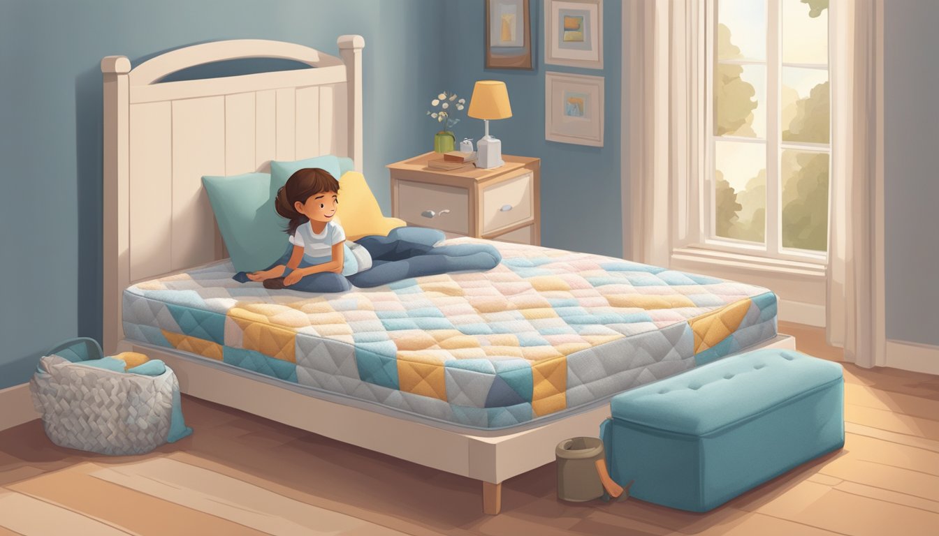 A child lying on a comfortable mattress, surrounded by various options. A parent or guardian is carefully inspecting each mattress, looking for the perfect one for their child