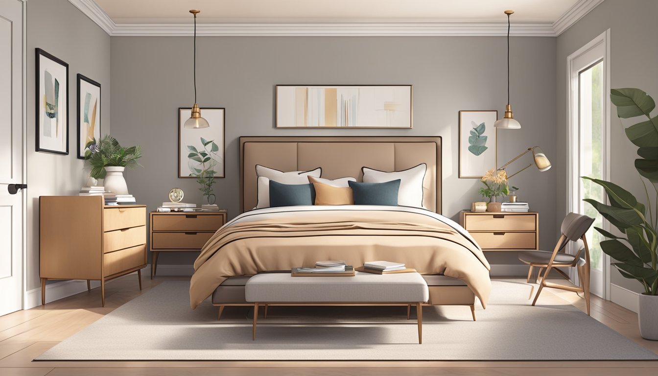 A cozy bedroom with a bed, nightstand, dresser, and a comfortable chair. The room is well-lit with natural light and features a warm color scheme