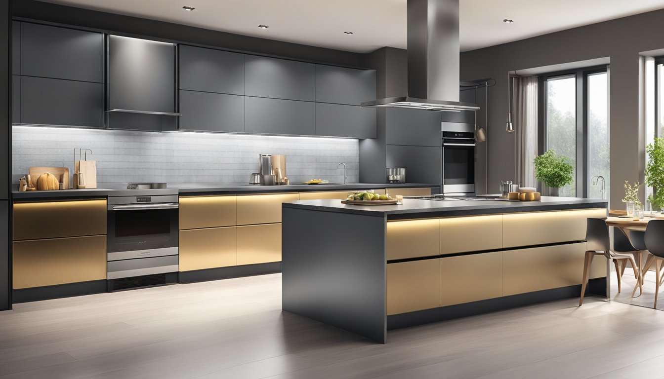 A sleek, modern kitchen with a built-in oven set into the wall. The oven's stainless steel finish gleams under the warm, soft lighting, with a digital display and touchpad controls