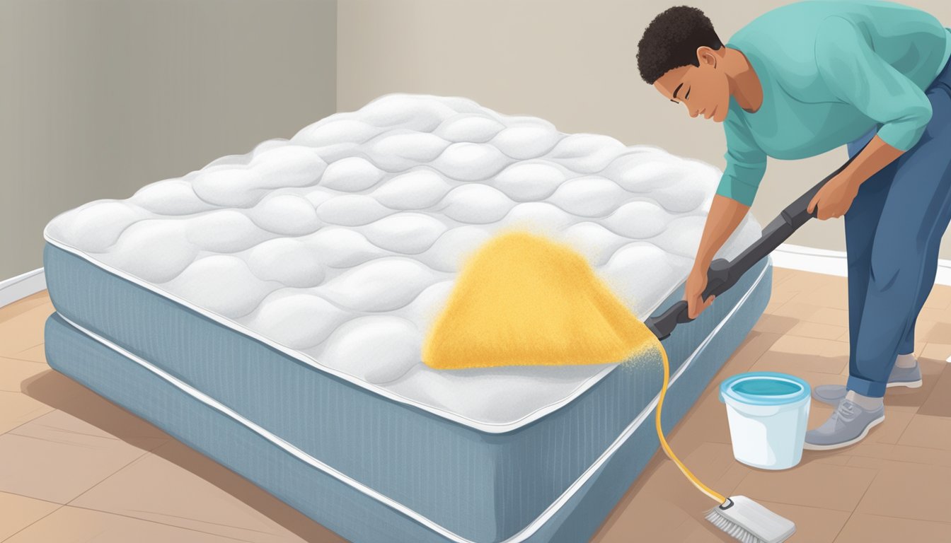 A person pouring baking soda on a mattress, scrubbing with a brush, and vacuuming it to remove odor