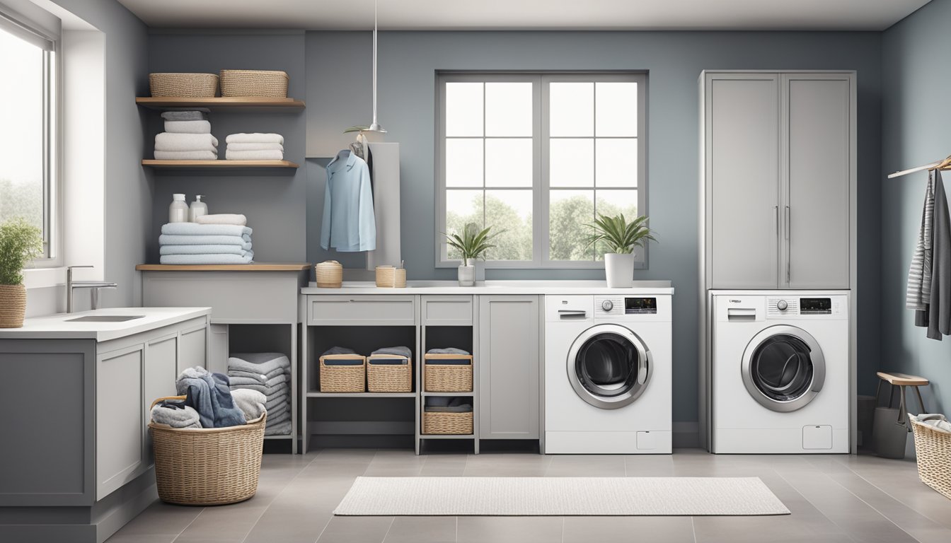 A Europace washing machine sits in a modern laundry room, surrounded by neatly folded towels and a basket of clothes ready to be washed