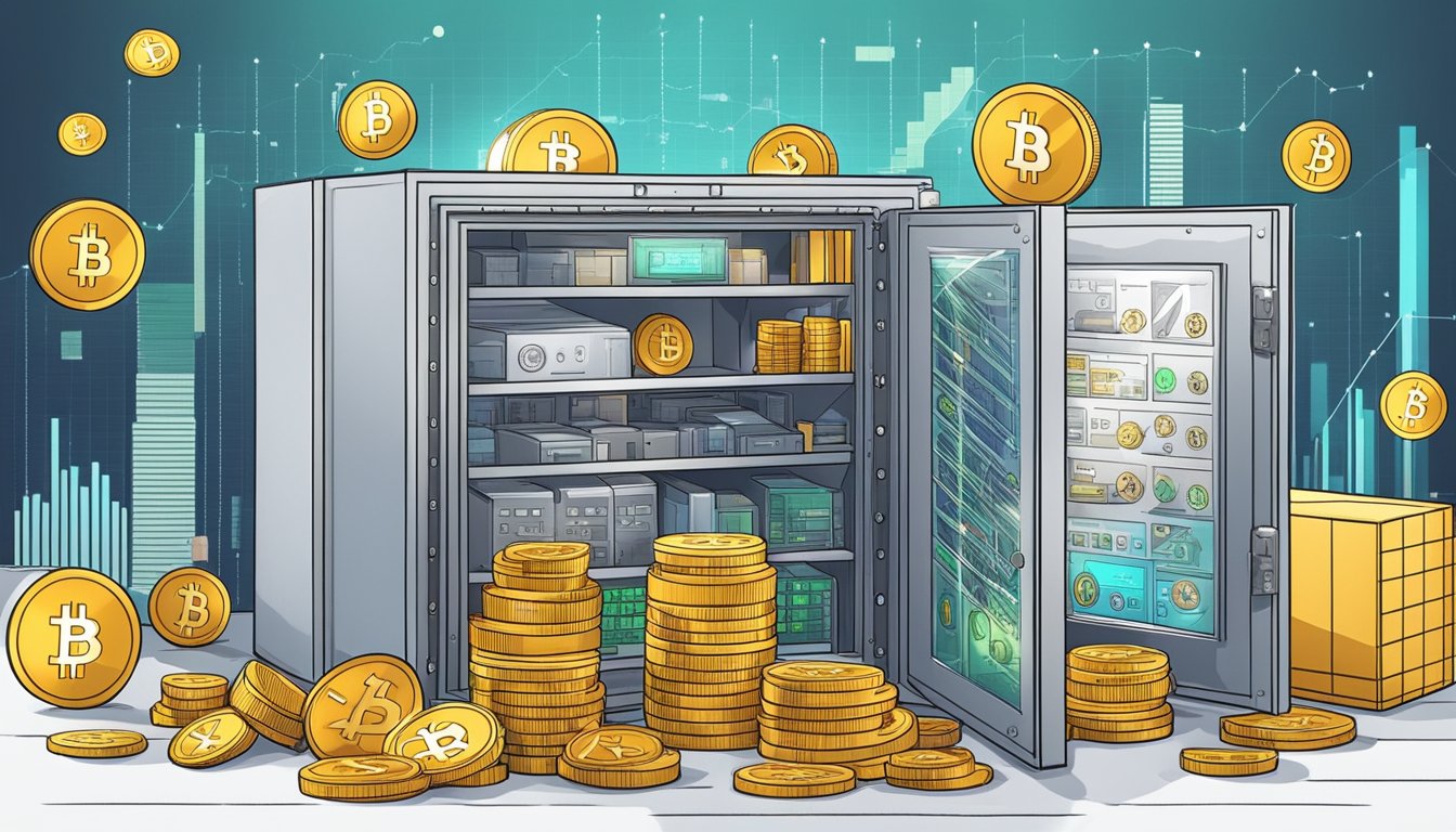 A safe, locked vault filled with various cryptocurrencies, surrounded by charts and graphs showing passive income growth