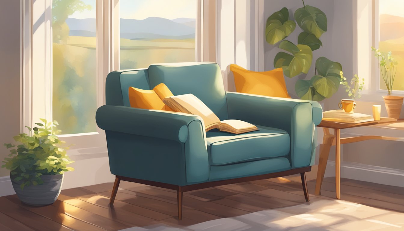 A cozy sofa chair sits by the window, bathed in warm sunlight. A book and a cup of tea rest on the side table