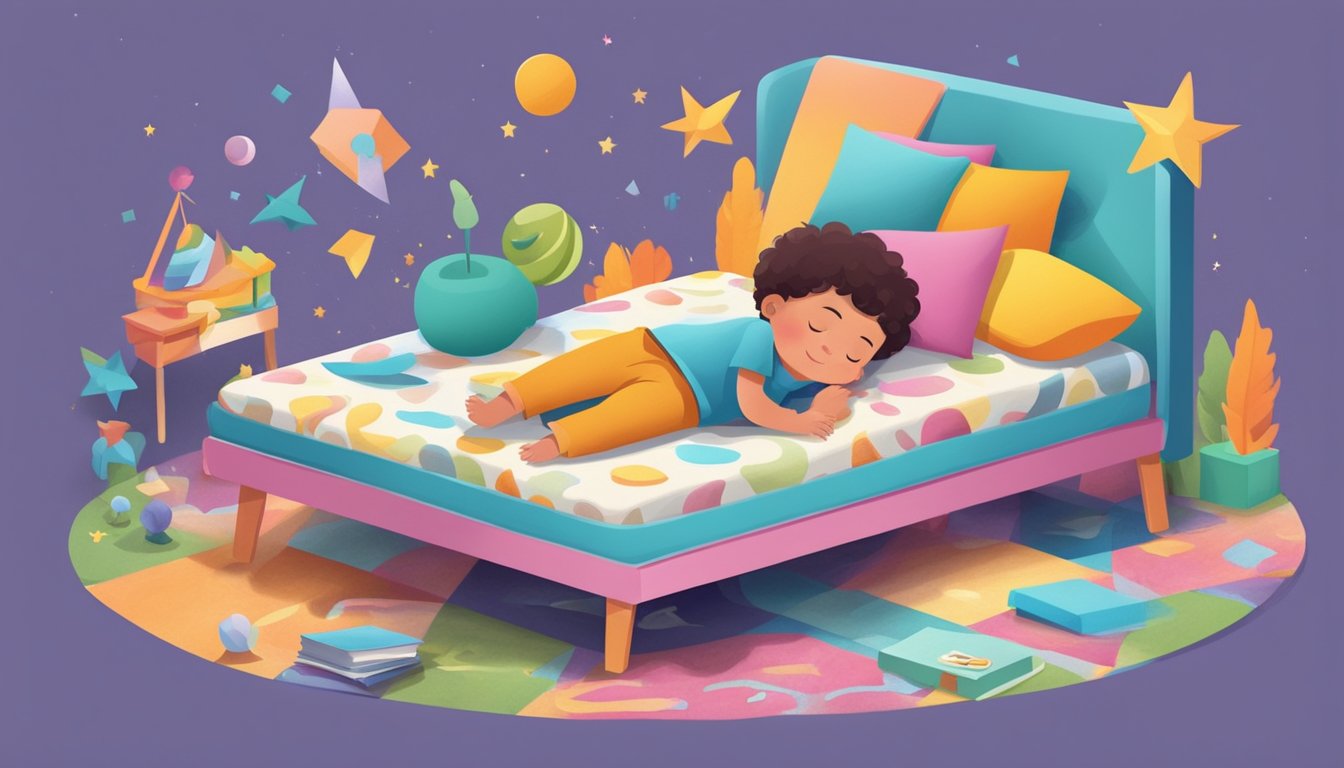 A child lying comfortably on a colorful, supportive mattress, surrounded by playful and educational designs