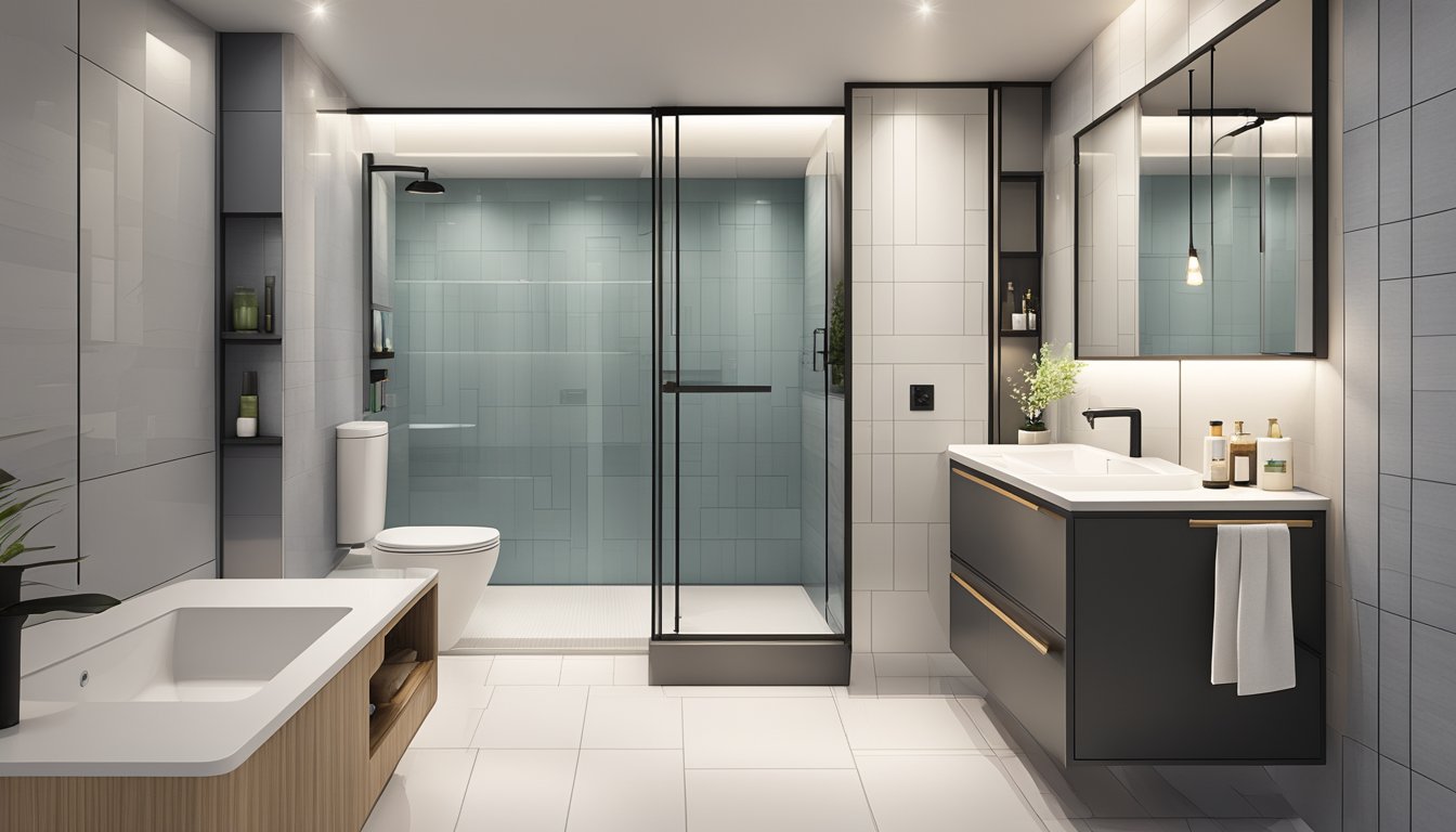 A clean, modern HDB toilet with sleek tiles, a stylish vanity, and a spacious shower area