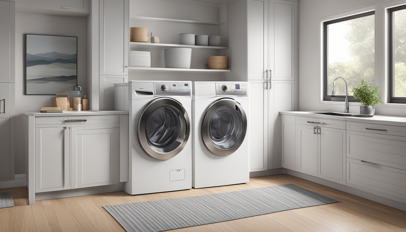 A modern washer dryer combo in a spacious laundry room, with sleek design and digital controls
