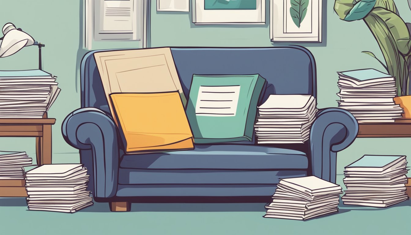 A cozy sofa chair surrounded by a stack of Frequently Asked Questions pamphlets