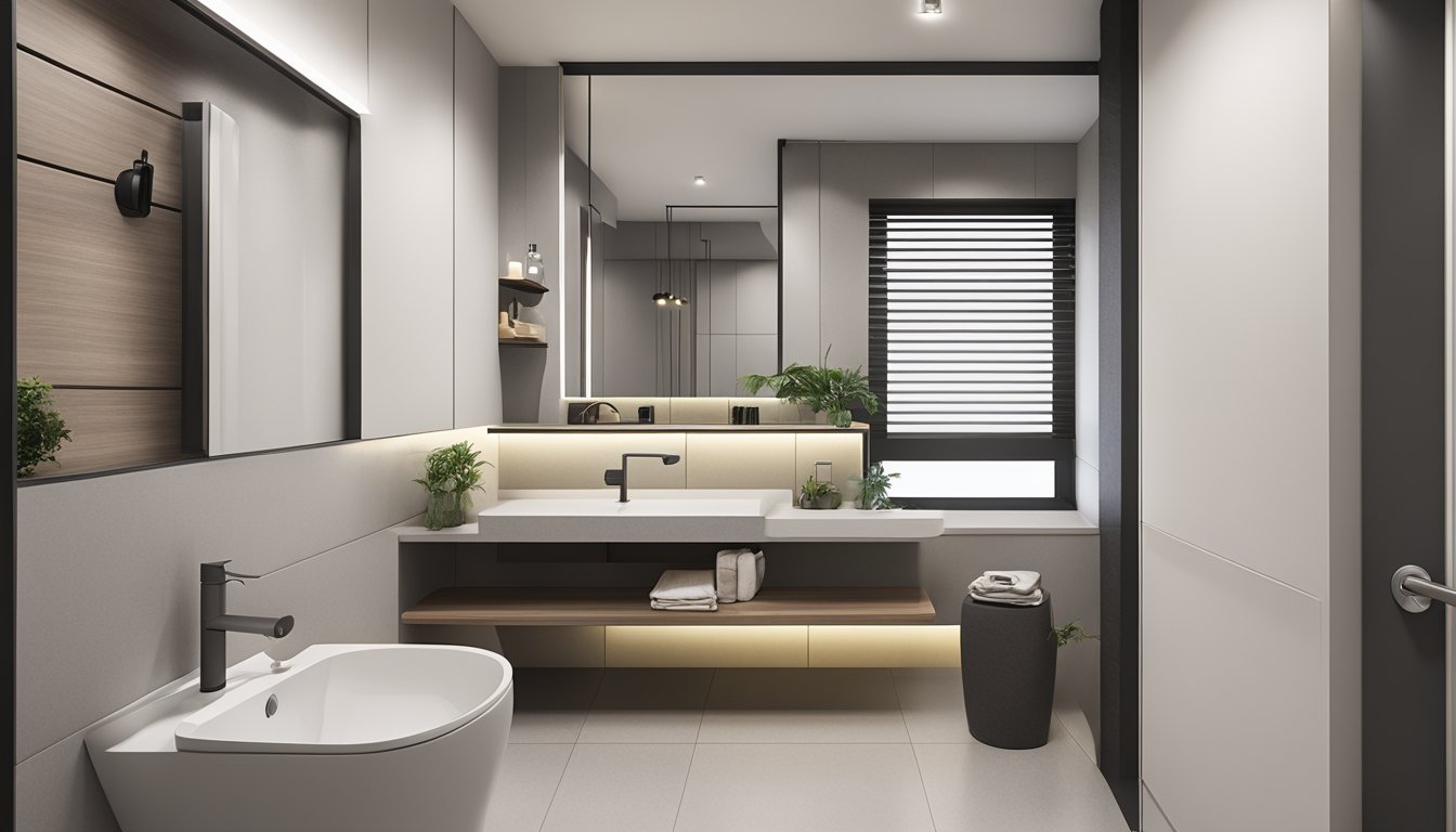 A newly renovated HDB toilet with modern fixtures and clean, minimalist design