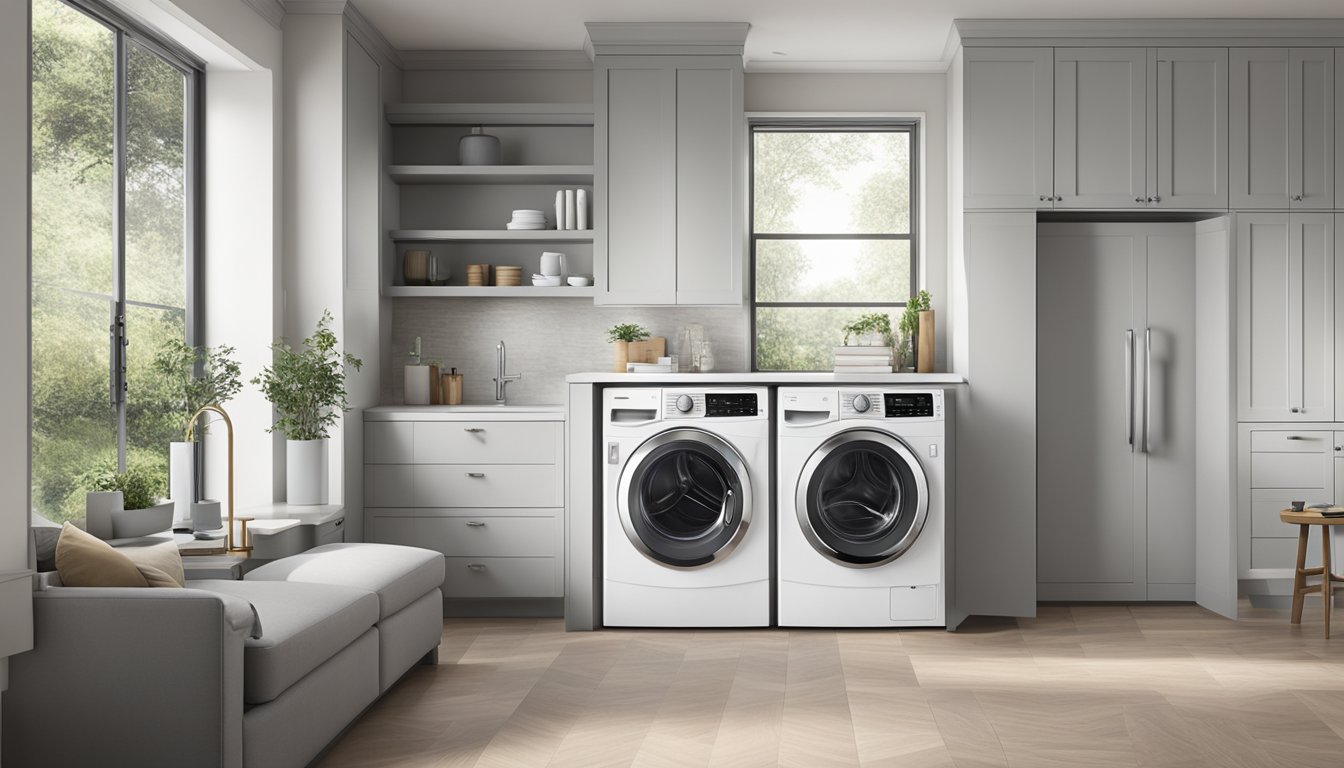 The washer dryer combo showcases advanced features and technologies, with a sleek design and intuitive controls