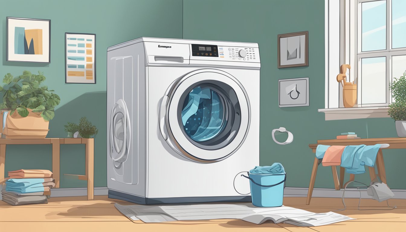 A europace washing machine surrounded by question marks and a list of frequently asked questions