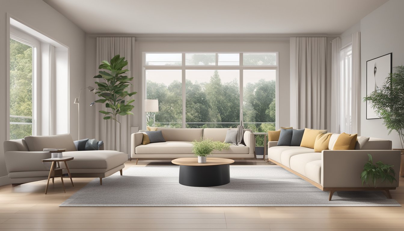 A modern sofa set in a minimalist living room with clean lines and neutral colors