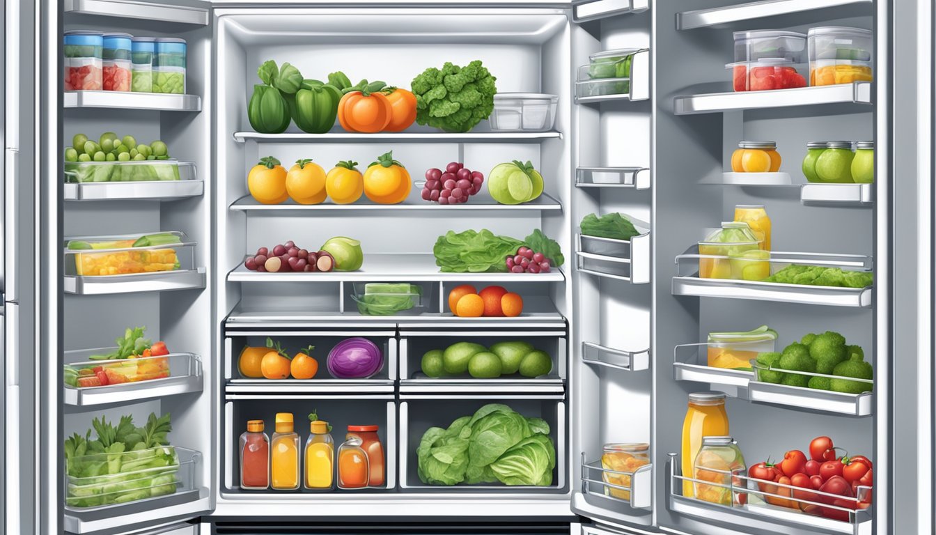 A neatly organized fridge with adjustable shelves and temperature controls, stocked with fresh produce and properly sealed containers