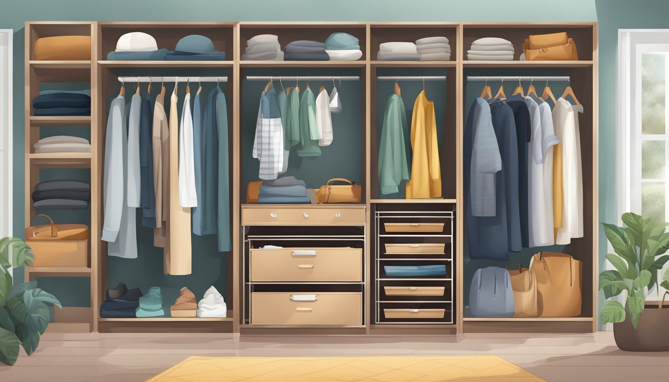 A spacious and organized clothes cabinet with shelves, drawers, and hanging space for various types of clothing
