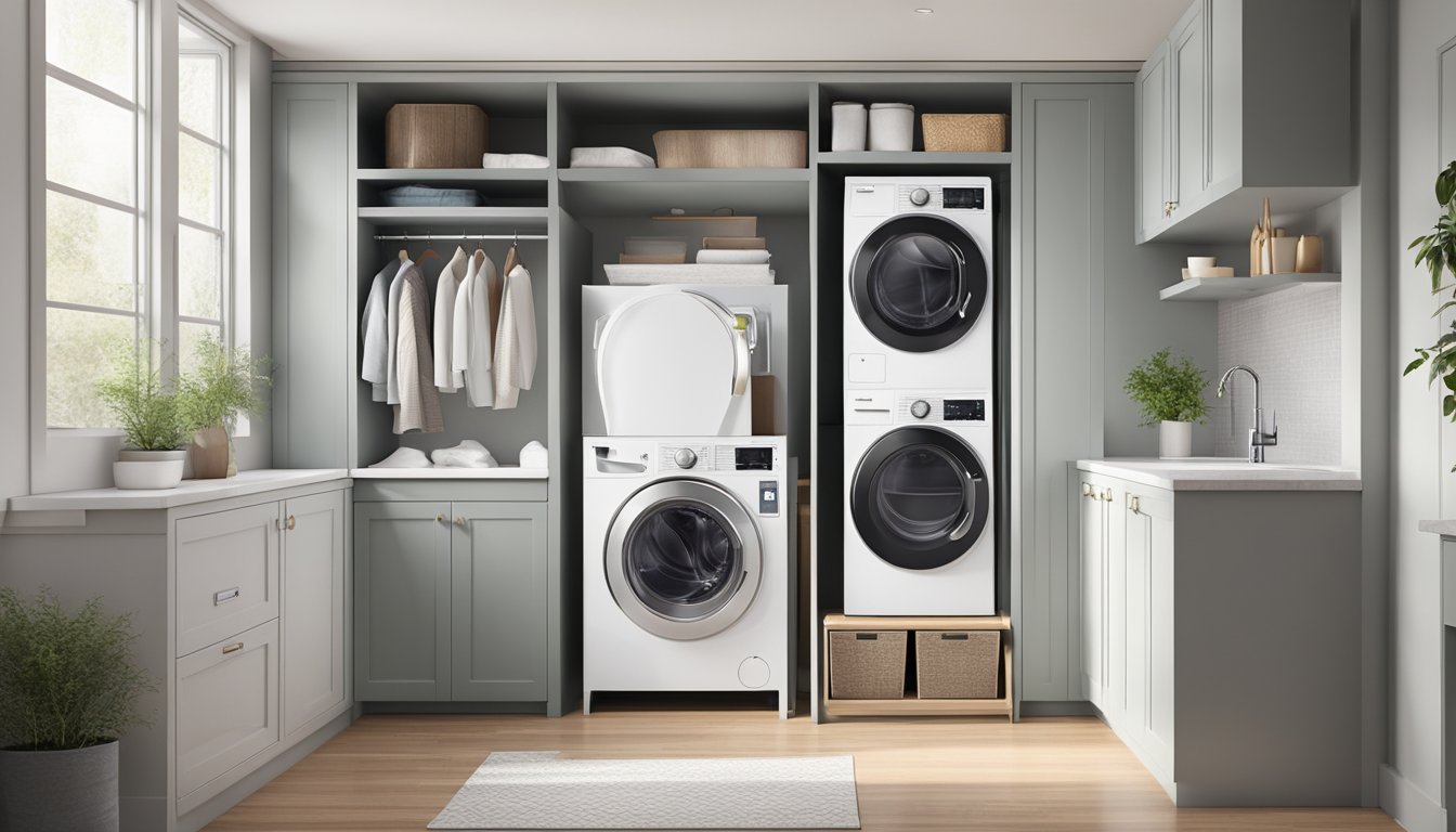 A modern, compact washer dryer combo unit sits neatly in a small laundry room, with clear access to water and power connections
