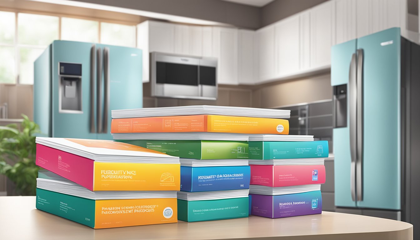 A stack of colorful brochures with "Frequently Asked Questions" about cheap fridges in Singapore displayed on a clean, modern countertop