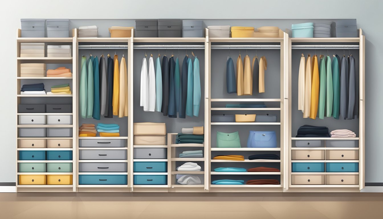 A neatly organized clothes cabinet with adjustable shelves and drawers, maximizing storage space