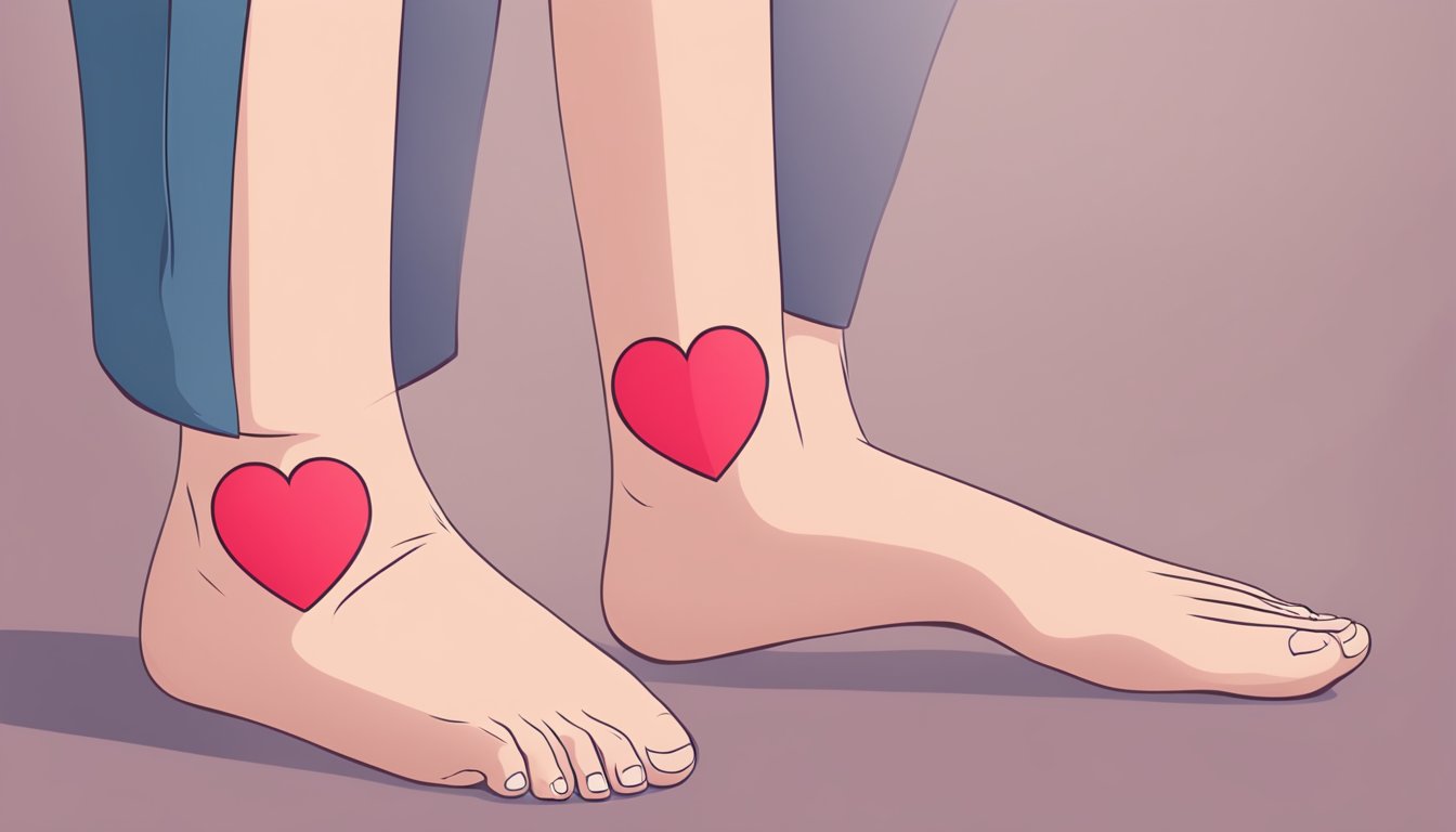 Swollen ankles indicate heart failure. Show a person's feet with visibly swollen ankles, with a heart symbol in the background