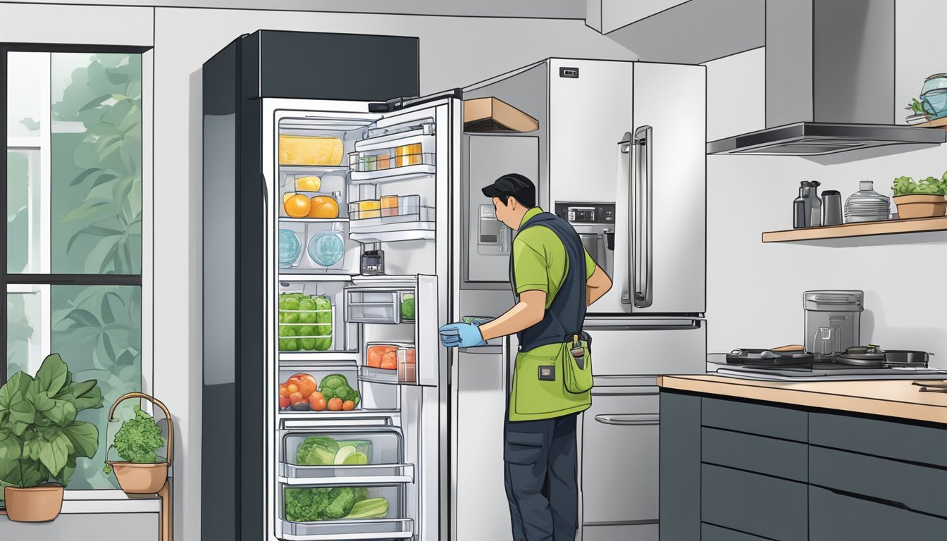 An open LG fridge with a repairman fixing the interior components in a Singaporean kitchen