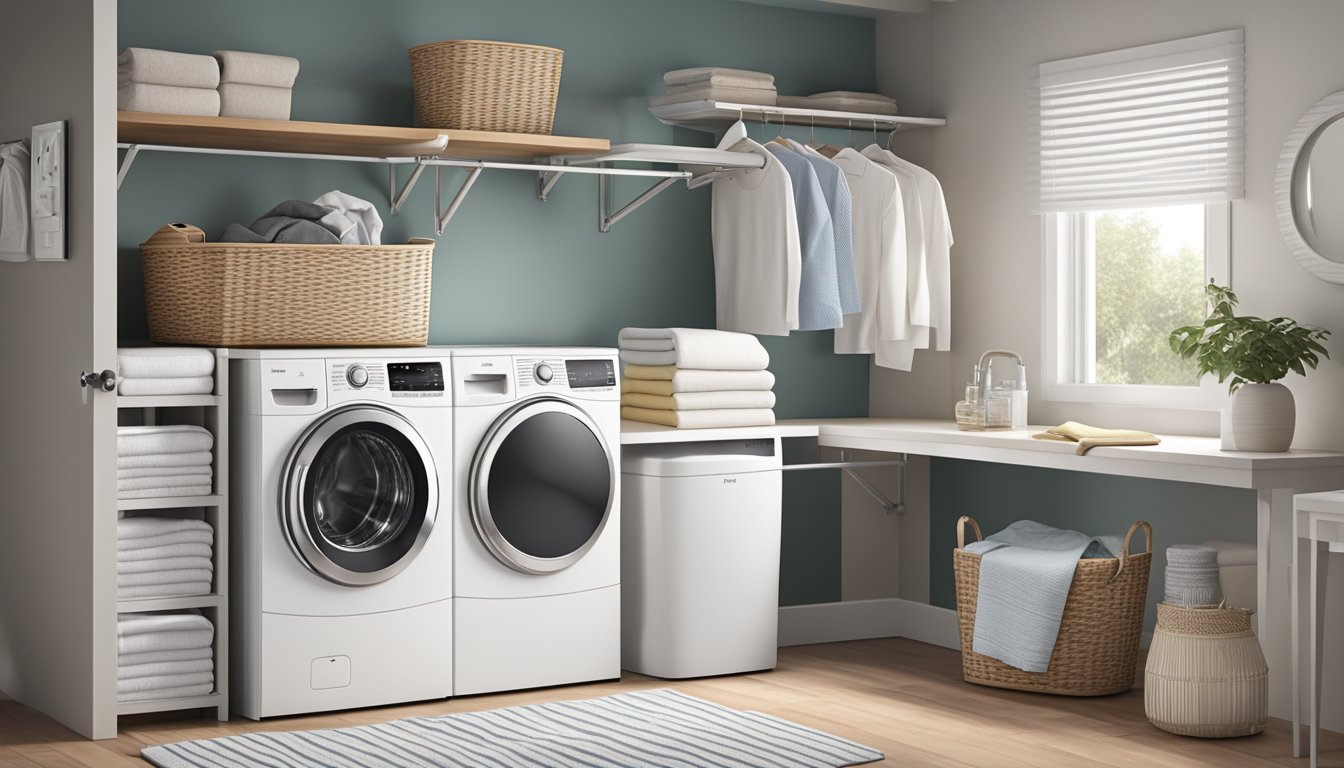 A washer dryer combo sits in a modern laundry room, surrounded by neatly folded towels and a basket of clothes. The machine is sleek and efficient, with clearly labeled buttons for easy use