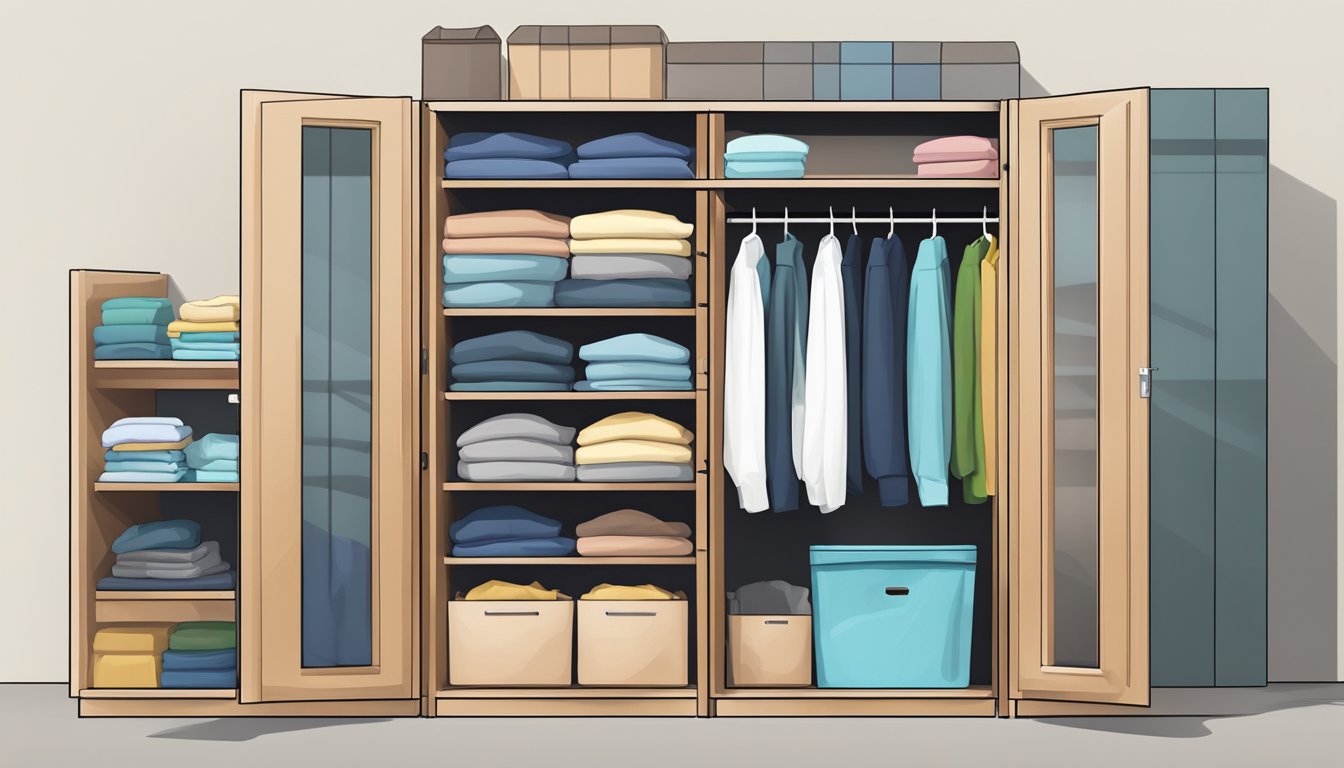 A clothes cabinet with open doors revealing neatly folded clothes and shelves with labeled bins for easy organization