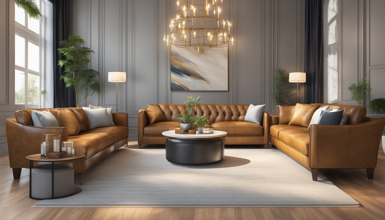 A luxurious leather sofa sits in a well-lit showroom, surrounded by elegant decor and soft, inviting pillows
