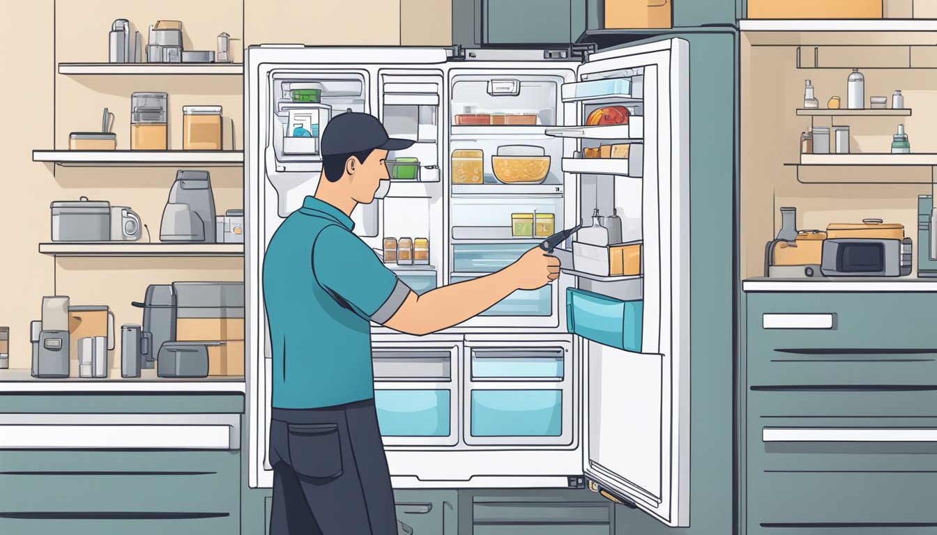 An open LG fridge revealing its internal mechanics and components, with a technician's hand holding a screwdriver nearby
