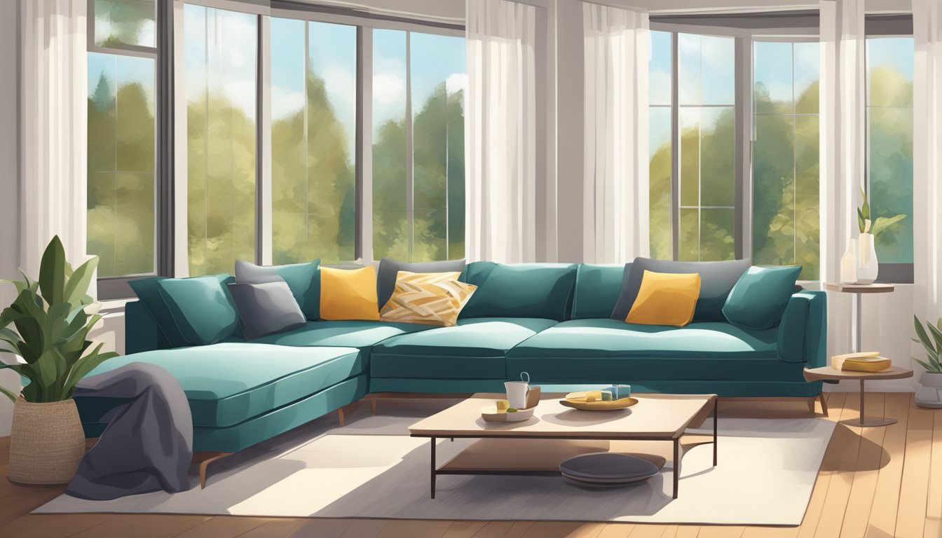 A cozy living room with a modern sofa set, soft cushions, and a sleek coffee table. The room is bathed in natural light from the large windows, creating a warm and inviting atmosphere