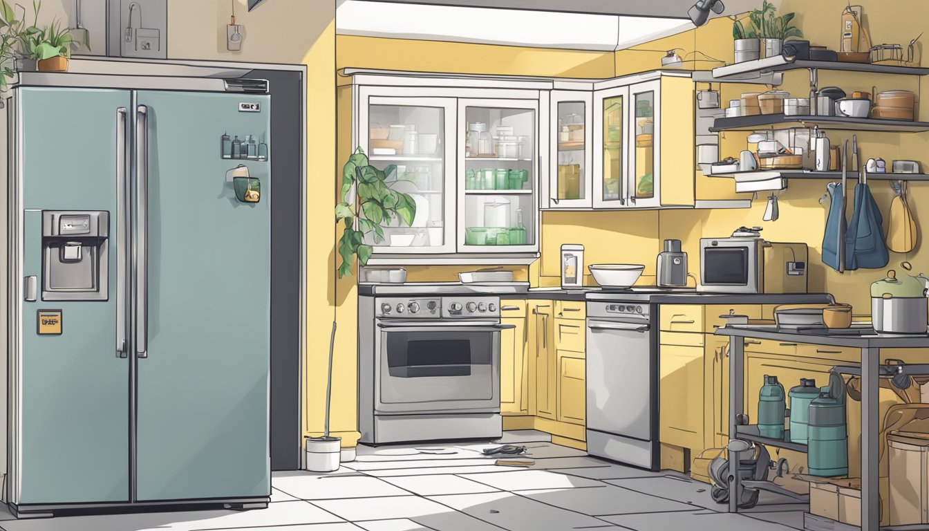 An LG fridge sits in a modern kitchen, with a repair technician working on it. Tools and spare parts are scattered nearby
