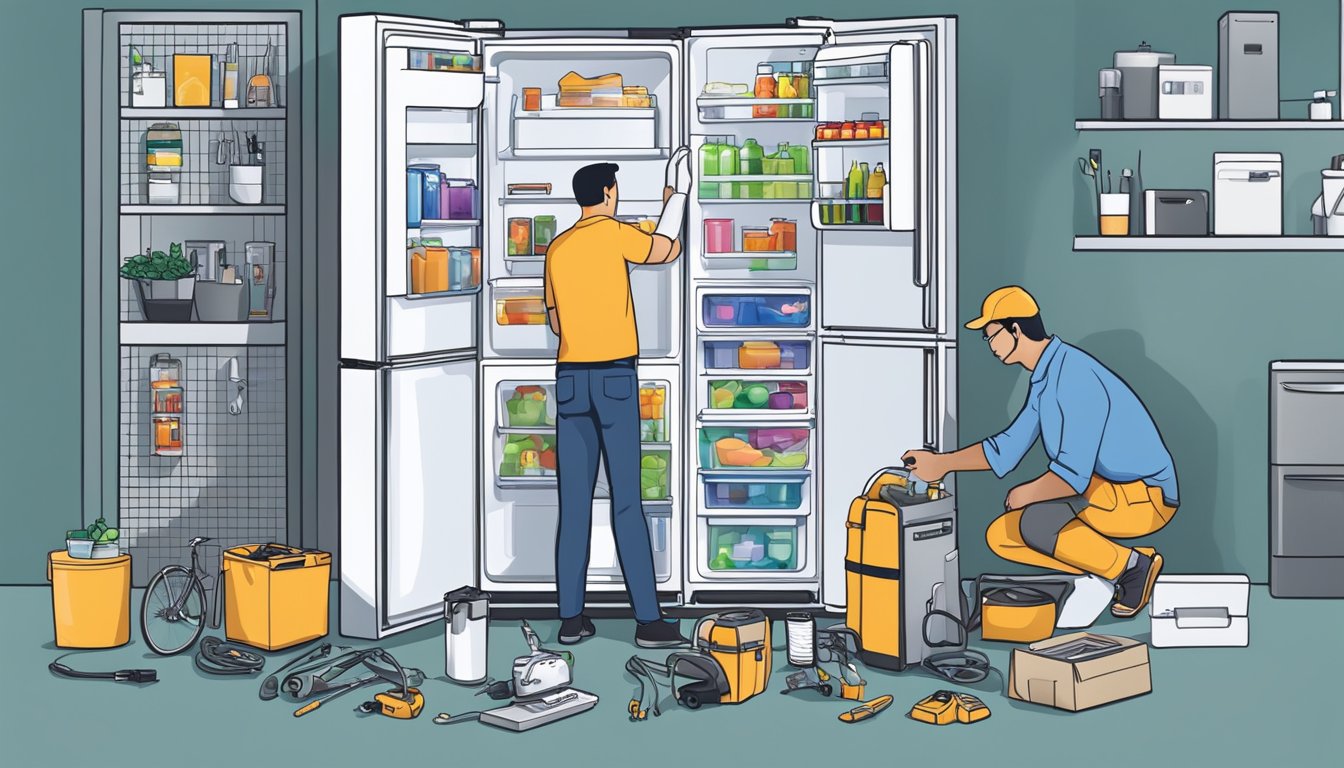 A technician fixing a LG fridge in Singapore, surrounded by tools and parts