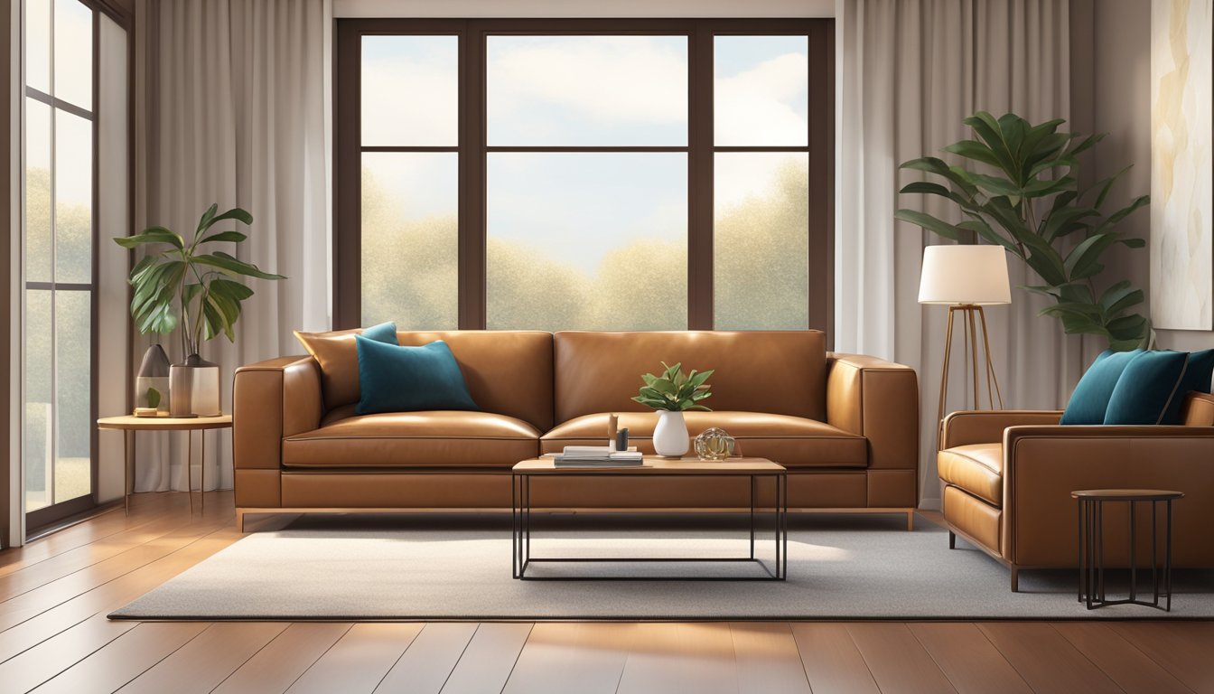 A luxurious leather sofa stands in a modern living room, bathed in warm natural light, with plush cushions and sleek, elegant lines