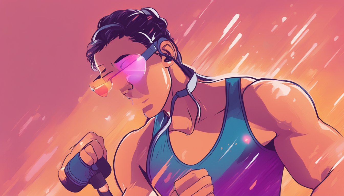 A person exercising vigorously, with sweat dripping down their face, and a heart rate monitor showing a high reading